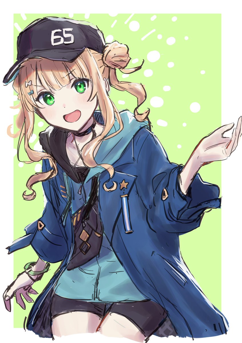 1girl hat solo green eyes hair bun double bun hood  illustration images