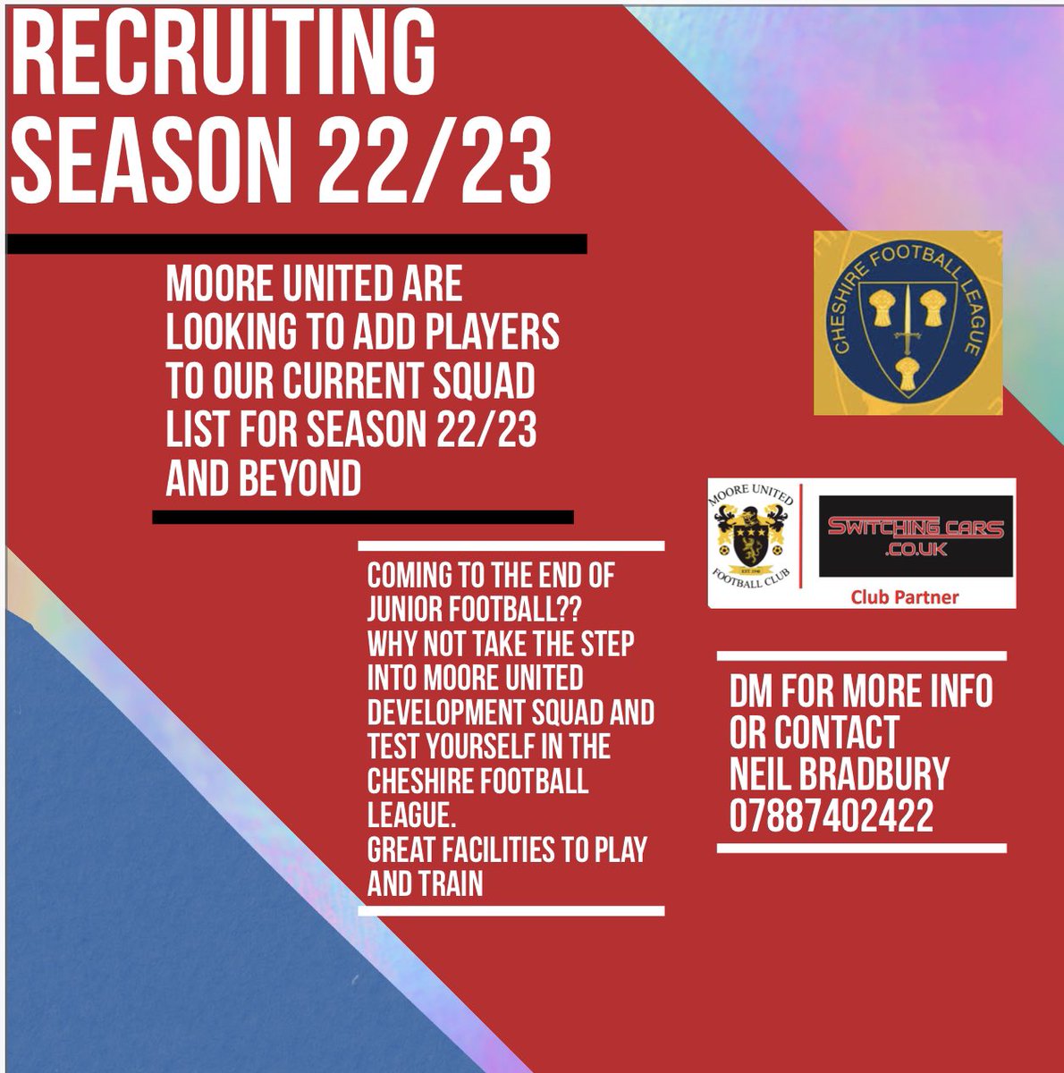 Moore United FC (@mooreutdfc) on Twitter photo Recruiting for the rest of the 22/23 Cheshire league season and beyond. Dm if interested <a href="/CheshireFL/">Cheshire Football League ⚽️</a> <a href="/warrdistleague/">W&D FOOTBALL LEAGUE</a> <a href="/WarrJFL/">WarringtonJFL</a> <a href="/SiGidds/">Si Giddings</a> <a href="/ChesterMikeFH/">Mike</a> <a href="/MartinSeddon3/">Martin Seddon</a> <a href="/TomSmith_9/">TOM SMITH</a> #BGRAWA Recruiting for the rest of the 22/23 Cheshire league season and beyond. Dm if interested <a href="/CheshireFL/">Cheshire Football League ⚽️</a> <a href="/warrdistleague/">W&D FOOTBALL LEAGUE</a> <a href="/WarrJFL/">WarringtonJFL</a> <a href="/SiGidds/">Si Giddings</a> <a href="/ChesterMikeFH/">Mike</a> <a href="/MartinSeddon3/">Martin Seddon</a> <a href="/TomSmith_9/">TOM SMITH</a> #BGRAWA