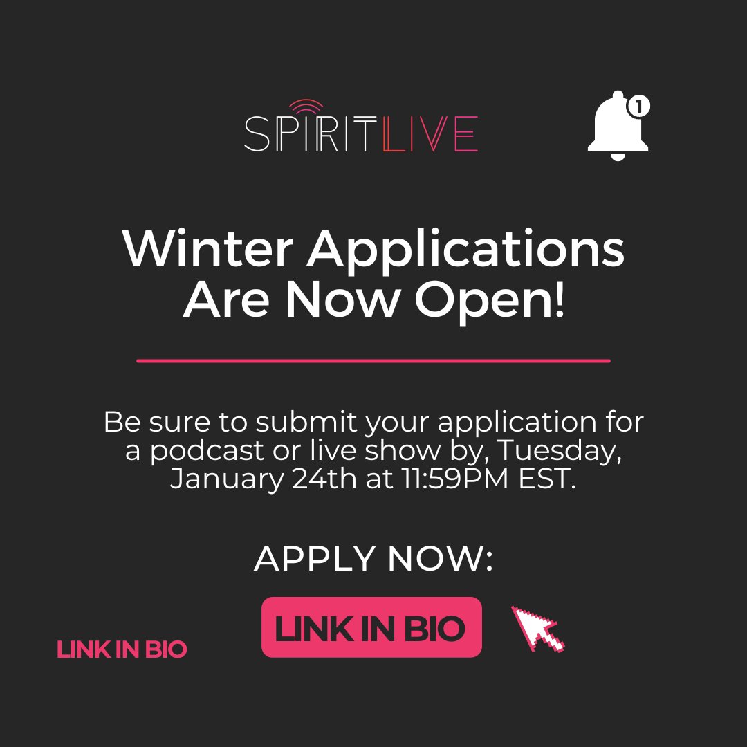 Applications for SpiritLive's 2023 Winter season are now open!

Are you an RTA student interested in making your own podcast or live radio show? Or do you want to help others with their shows? Check out the link in our bio for more information. 

#SpiritLiveWinter2023