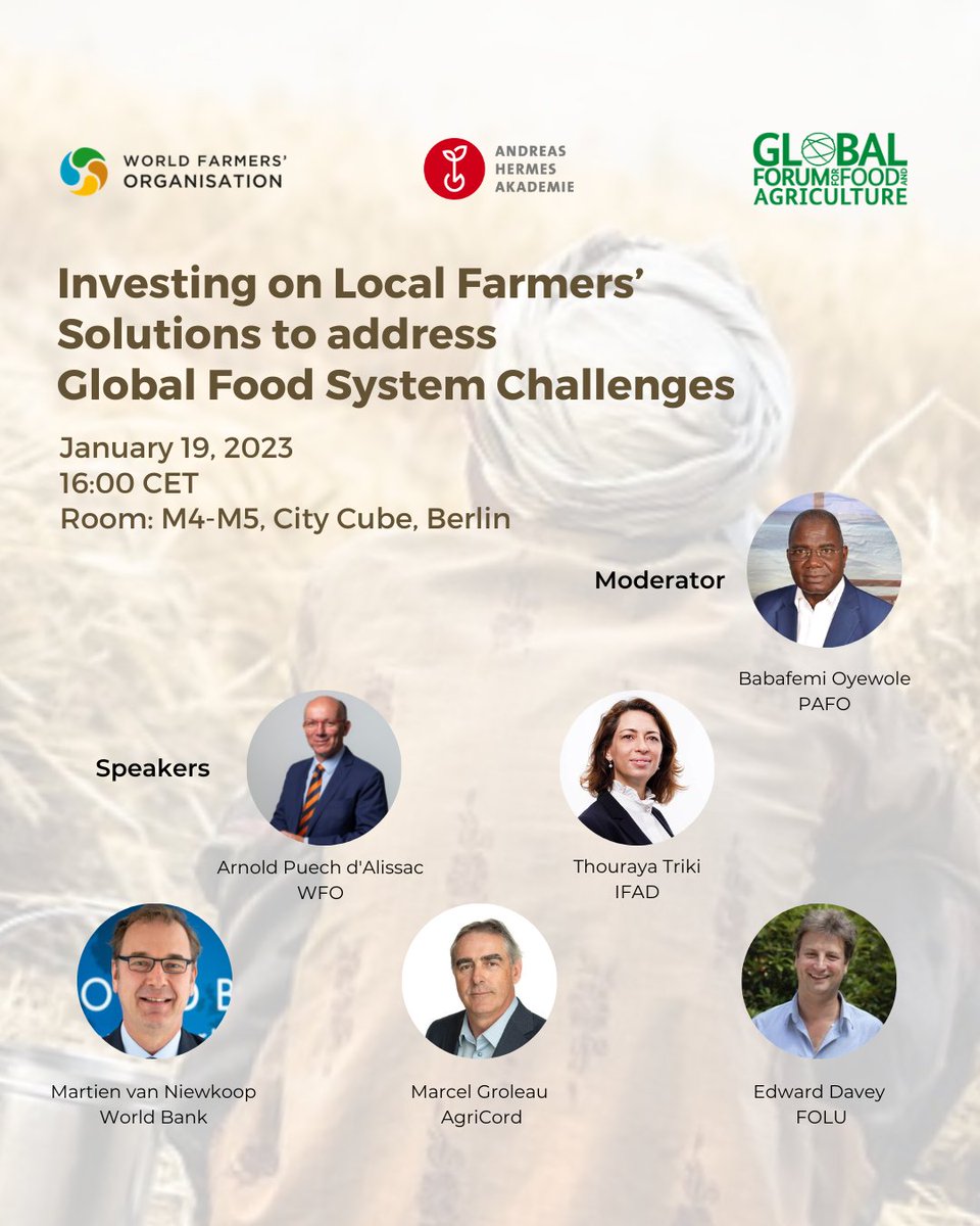worldfarmersorg's tweet photo. 📌Save the date!

Join @worldfarmersorg &amp; @AHA_agrar at #GFFA2023 to explore the potential of #Local Farmers’ Solutions to address Global #FoodSystem Challenges

📅19 Jan🕡4:00–5.30PM
📍 Room: M4-M5, City Cube, Berlin

#GFFA #FarmersInAction #Farmers4FoodSystems #WFO #AHA https://t.co/1jmtEsny3C