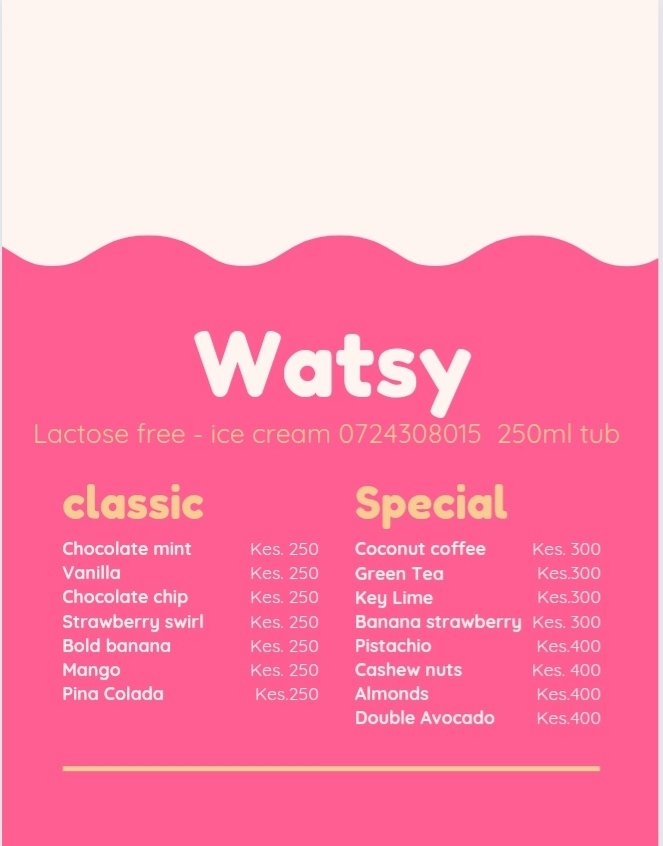 Watsyicecream's tweet photo. @petersize10 Or both of you could try out my @Watsyicecream. We make LACTOSE-FREE, VEGAN and KETO ice cream respectively.

Our flavors are but not limited to.
We have 250ml, 500ml, 1 litre, 2 litres and 5 litres tubs respectively.
Call/whatsapp 0724308015 l https://t.co/L7azqprcpo