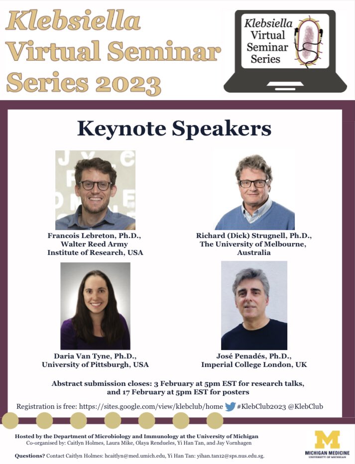 KlebClub's tweet photo. #KlebClub2023 is back! 

This year we are delighted to have as keynotes @Fr_Lebreton @DickStrugnell @DariaVanTyne @jrpenades 

Talks: all Tuesdays, April 2023!
Posters: April 25th

Please RT! 
 #klebsiella #amr #evolution #hostpathogeninteractions

1/n https://t.co/HlkeomM6yG