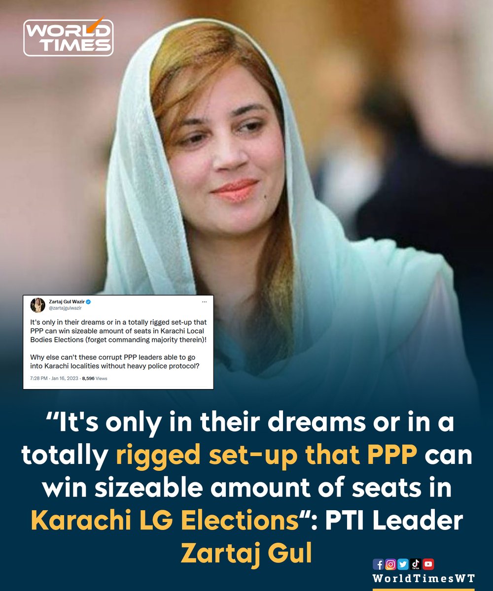 WorldTimesWT's tweet photo. It's only in their dreams or in a totally rigged set-up that PPP can win sizeable amount of seats in #Karachi Local Bodies Elections: PTI Leader Zartaj Gul Wazir. 

@PTIofficial #Hyderabad https://t.co/t38Tml5kU5
