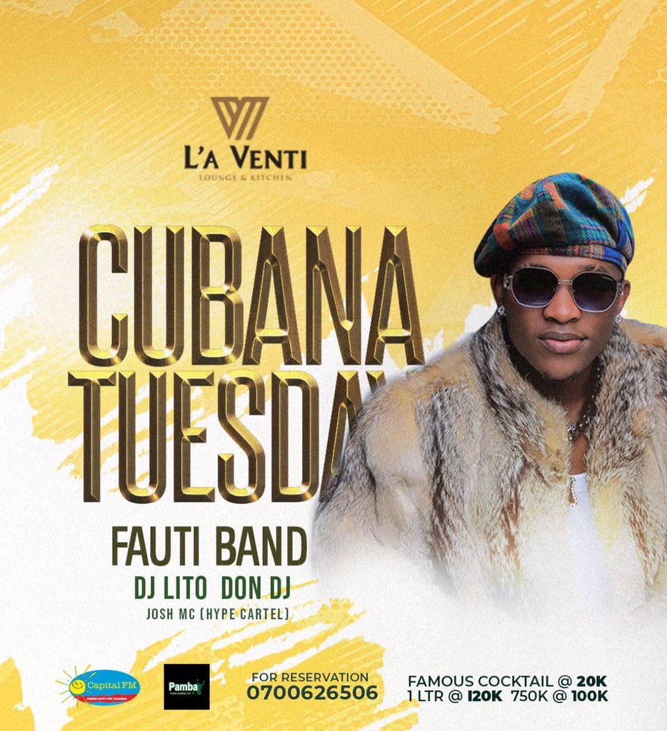 LaVentiLounge's tweet photo. #TuesdayPlot - Unwind with exciting live performances by @FautiBand & music mixes from Afrimaβs Africa best dj award winner- @djlitoug, @DonDj_256 & our guest deejay- @djmakerbreaker2 #CubanaTuesday
@CapitalFMUganda
For Reservations | π² 0700626506 https://t.co/lbQOFGwiSm