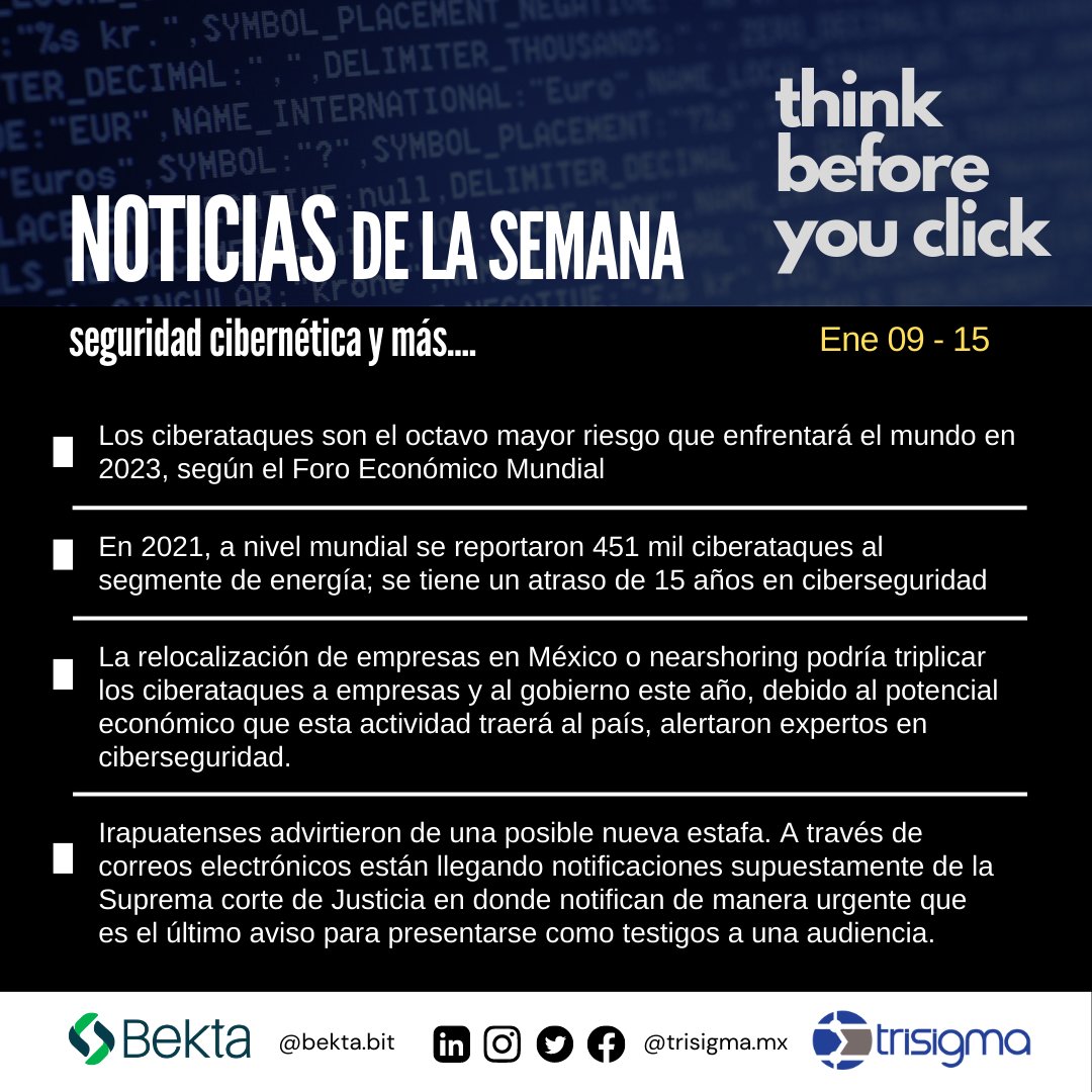 trisigmamx's tweet photo. #Noticias relevantes de la semana en #ciberseguridad... se espera un 2023 con alta tendencia de ciber incidencias, no creas todo lo que ves
#seguridadinformatica #ciberdelincuencia #ciberincidencias https://t.co/4X71qMDZLB