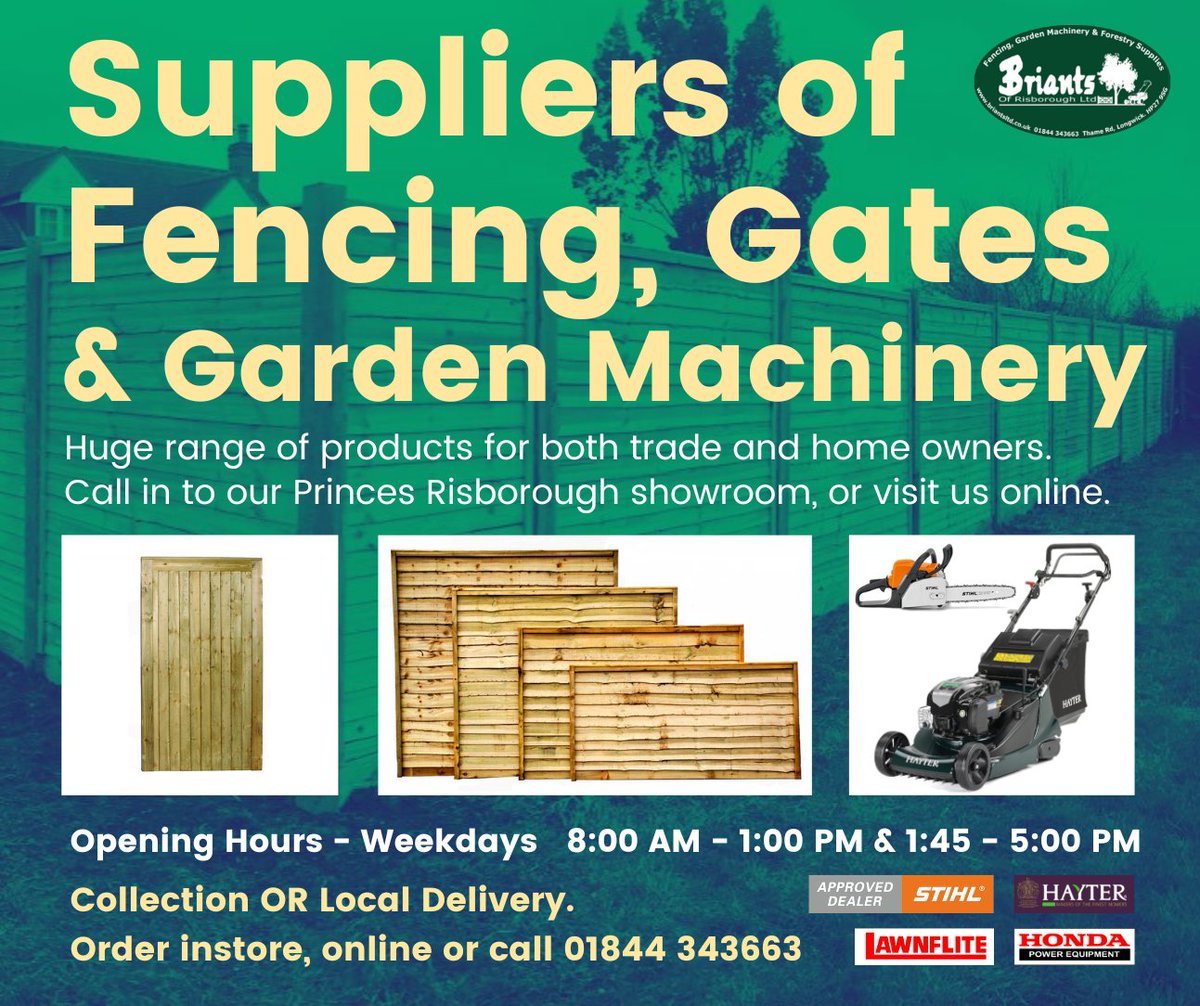 Suppliers of Fencing, Gates &amp; Garden Machinery.

Huge range of products for both trade and home owners.

Call in to our Princes Risborough showroom, or visit us online at briantsltd.co.uk

#stihl #fencing #chainsaw #lawnmower #landscaping  #Gardening