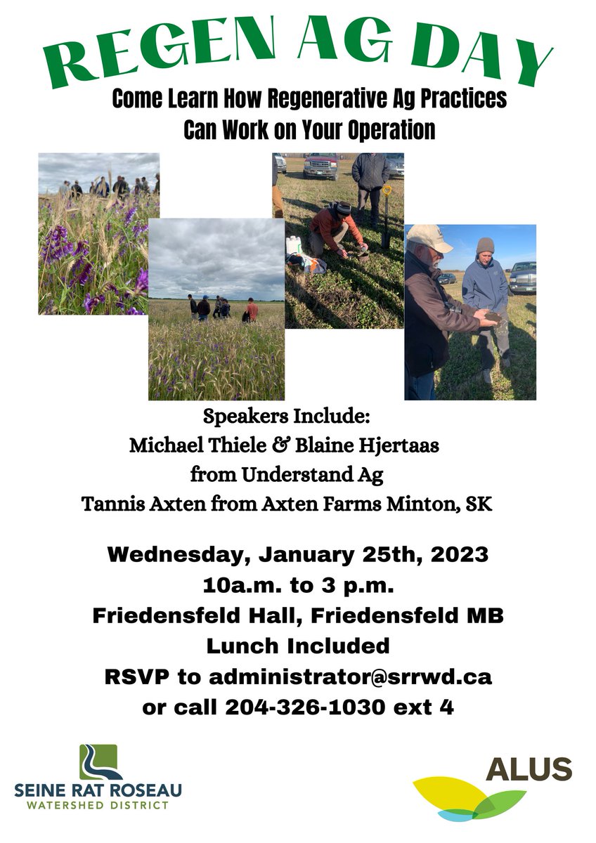For anyone interested in learning more about regenerative agriculture! RSVP for Regen Ag Day, January 25th in Friedensfeld, MB. You do not need to live in the Seine Rat Roseau Watershed District to attend! #regenag #manitoba