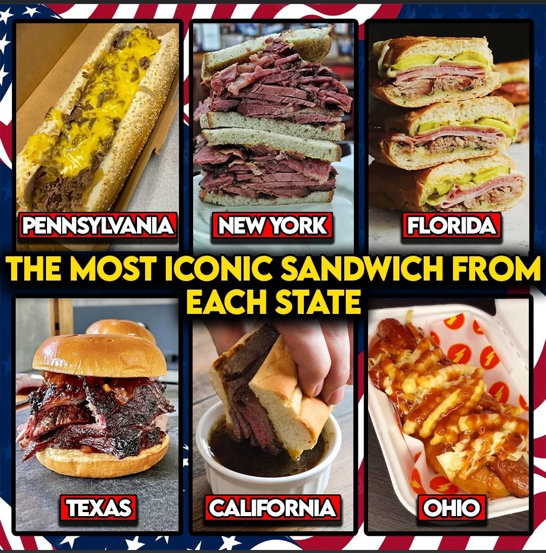's tweet image. From these pictures, pick One States Sandwich you would eat?