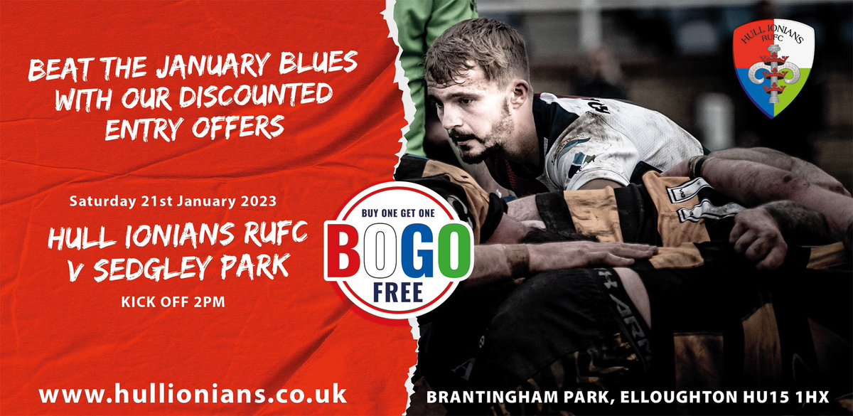 Ioniansrufc's tweet photo. Get yourself and a buddy down to Brantingham Park this Saturday to cheer on our 1st XV against Sedgley Park because it’s BUY ONE GET ONE FREE on tickets🏉🙌🏉 What’s not to love! #UpTheIs #BOGOF #BringAMate https://t.co/6idK9qLPXo