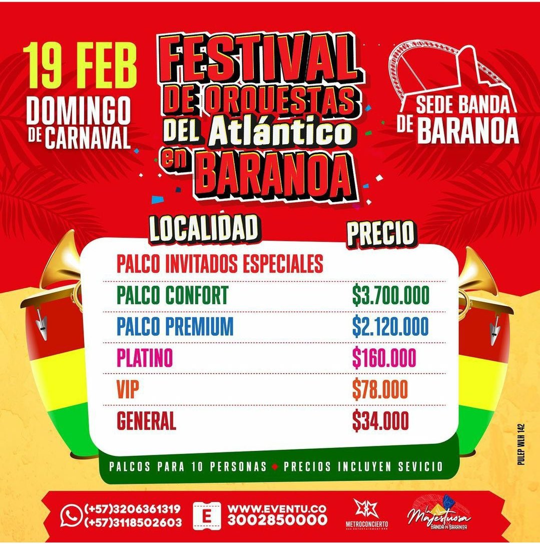 La mejor nómina del #Carnaval2023, ¡La encuentras en la Sede de la Banda! Disfruta de una noche inolvidable llena de grandes artistas en el #FestivalDeOrquestasDelAtlántico 🙌🏻🎉
Compra tus boletas en eventu.co