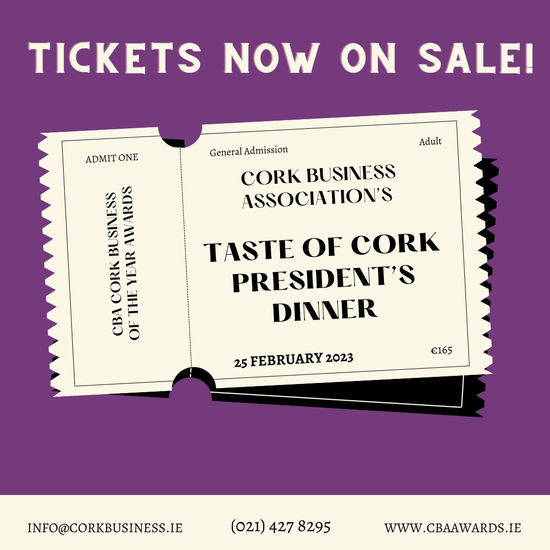 Tickets for CBA President's Dinner &amp; Cork Business of the Year Awards 2023 ON SALE NOW! Visit cbaawards.ie/tickets  And don't forget...there's still time to enter your business for the awards...closing date is Jan 23rd. #cbaawards #WeAreCork #PureCork #tastetheisland