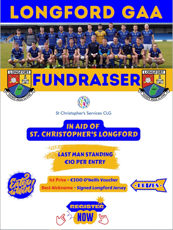 Paddy Fox (@padfox7) on Twitter photo We're running a Last Man Standing competition in aid of St Christopher's in Longford, any support greatly appreciated! <a href="/OfficialLDGAA/">Longford GAA</a> <a href="/ClubLongford/">Club Longford</a>
klubfunder.com/Clubs/Longford⦠We're running a Last Man Standing competition in aid of St Christopher's in Longford, any support greatly appreciated! <a href="/OfficialLDGAA/">Longford GAA</a> <a href="/ClubLongford/">Club Longford</a>
klubfunder.com/Clubs/Longfordā¦