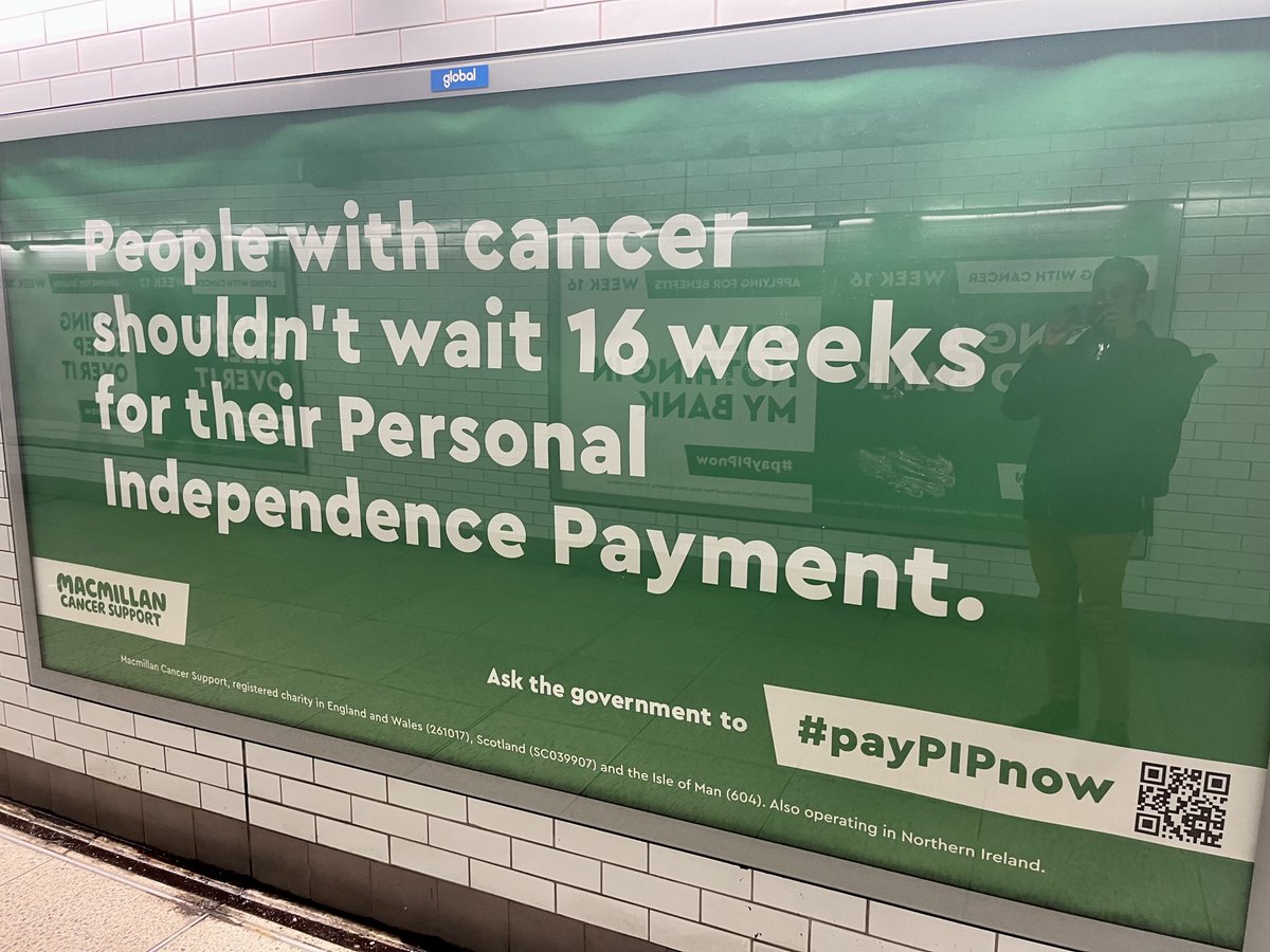 If you’re passing through Westminster tube station, you might spot @macmillancancer’s #PayPIPNow campaign. People with cancer (and many others) are waiting too long for vital financial support. Sign our petition to reduce waiting times to 12 weeks.👇🏾 macmillan.org.uk/advocacy/campa…