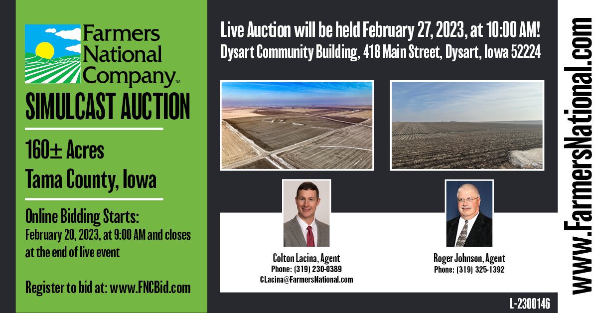 FarmersNational's tweet photo. Simulcast Auction!
This listing is 96% tillable with a CSR2 rating of 88.9 and is located in a large seed corn area south of Dysart, Iowa. The farm is close to a paved highway for easy access to grain processing markets!
🔗https://t.co/9ovyHGY9ID
#auction #forsale #realestate https://t.co/X1AgJrQjH3