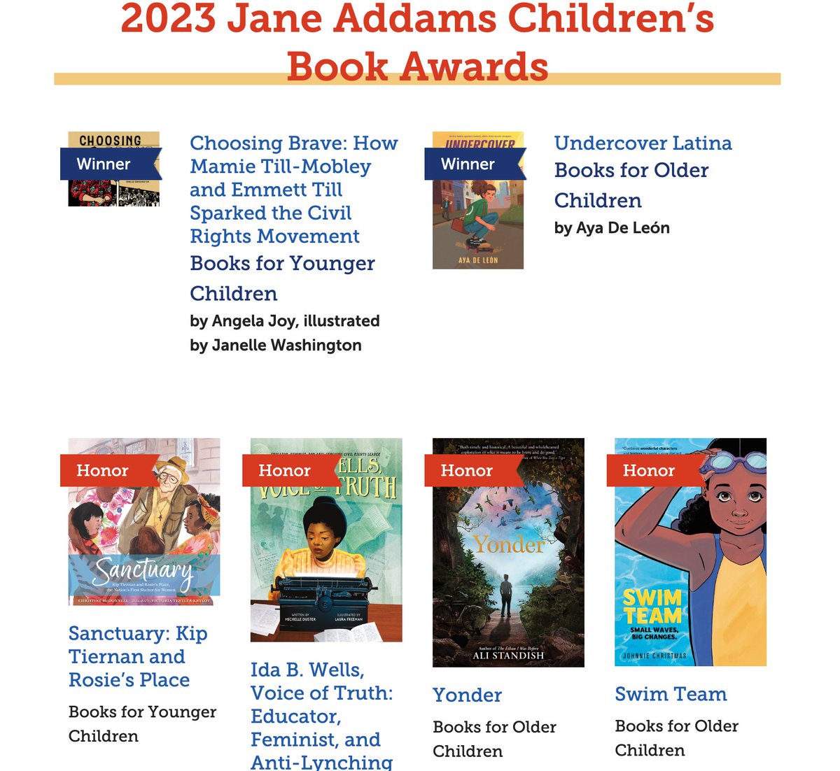 Thrilled that YONDER was chosen as an Honor Book for the 2023 Jane Addams Children's Book Award for 'books in which young people feel seen, celebrated, valued, and empowered to question, discuss, and act.' Many thanks to the @janeaddamspeace selection committee!