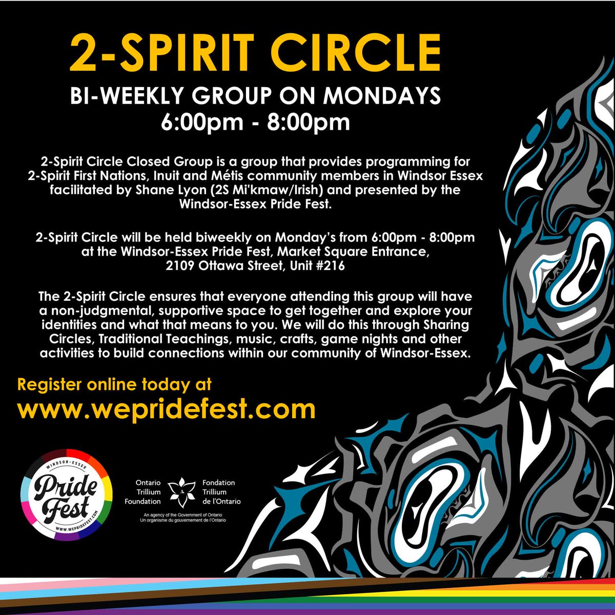 2-Spirit Circle Closed Group is an all ages group that provides programming for 2-Spirit First Nations, Inuit and Métis community members in Windsor Essex, held biweekly on Mondays at 6:00pm.

Visit wepridefest.com or click on the link in our bio.

#wepridefest