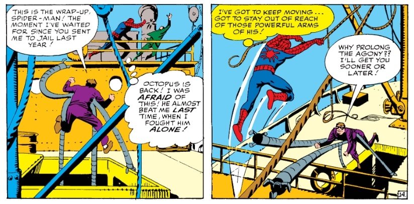 Cronicas_Marvel's tweet photo. Pero yo creo que mucha gente se gastaría los 12 centavos del tebeo para ver a Spidey luchar contra Octopus, así que en la página 14 ya va siendo hora.
La premisa de Peter es clara: mantenerse lo más lejos de los brazos posible y tratar de pensar algo #ASM11 https://t.co/OXwlvsGINb