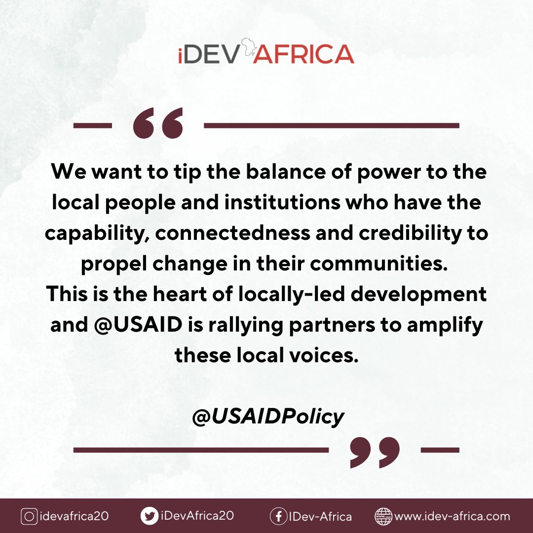 iDevAfrica20's tweet photo. True development is one involving the mass populace– local actors.
This is the goal of the new USAID policy. To shift power to the local voices.
#africanclimatechange #localizingdevelopment #locallyledsolutionsindevelopment #africasdevelopment #africa #development https://t.co/OEiko3YZip
