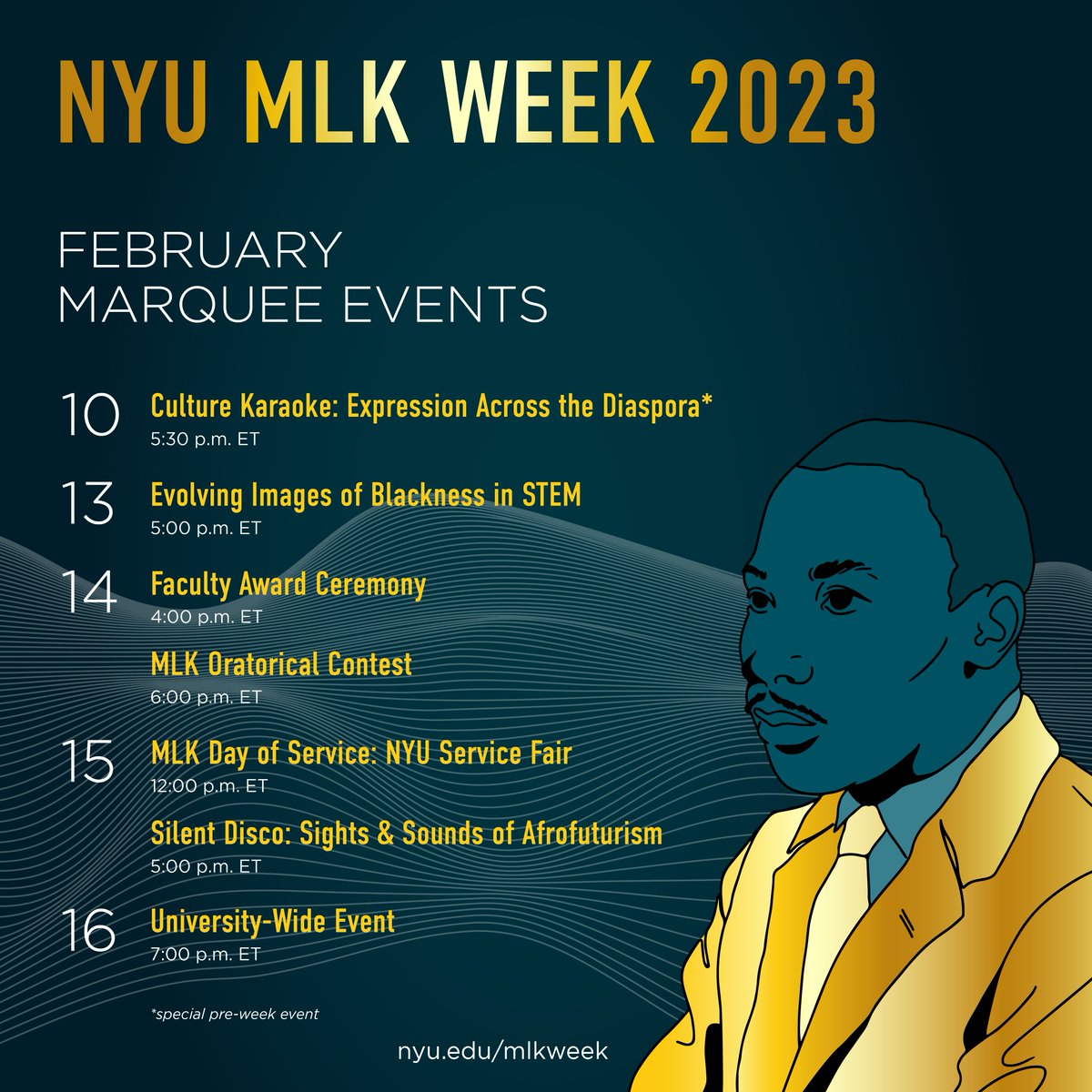 nyuniversity's tweet photo. We will come together as a community to honor and advance Martin Luther King Jr.'s legacy this Feb. 13-18 with our annual #NYUMLKWeek, an 18-year NYU tradition commemorating Dr. King's visit to campus in 1961. Details: https://t.co/6uUt6Hu5h4 https://t.co/XlRMKdKp9C