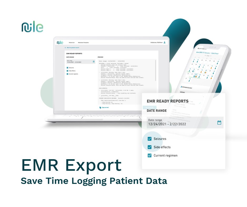 NileAI's tweet photo. Nile makes it easy for physicians to export patient data in EMR format. Medication adherence, seizure data, side effects, and auras are kept in one place. Preparing for an appointment is simpler with Nile. 

https://t.co/T8gHMa6feT https://t.co/Uwic0l8qXR
