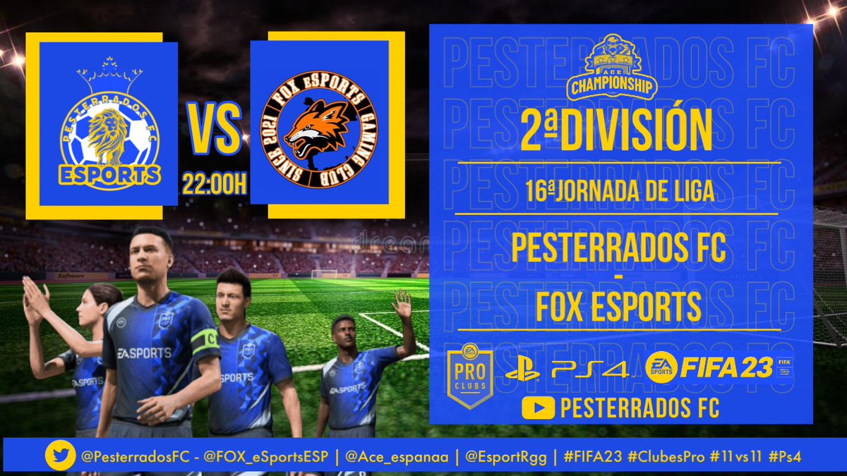 PesterradosFC's tweet photo. Competiciones para hoy:

🗓@Ace_espanaa  /J16
🆚@FOX_eSportsESP 
⏰ 22:00H

🗓@fecp_ps4 FSL /J4
🆚@HandicapReturns 
⏰22:20H

🗓@fve_fecp  /J4
🆚@EsportsDefqon 
⏰23:00H

Síguenos en 🔴DIRECTO a través de nuestro canal de YouTube:
📺PESTERRADOS FC

#ClubesPro #11vs11 #FIFA23 https://t.co/PdD54ASyMj