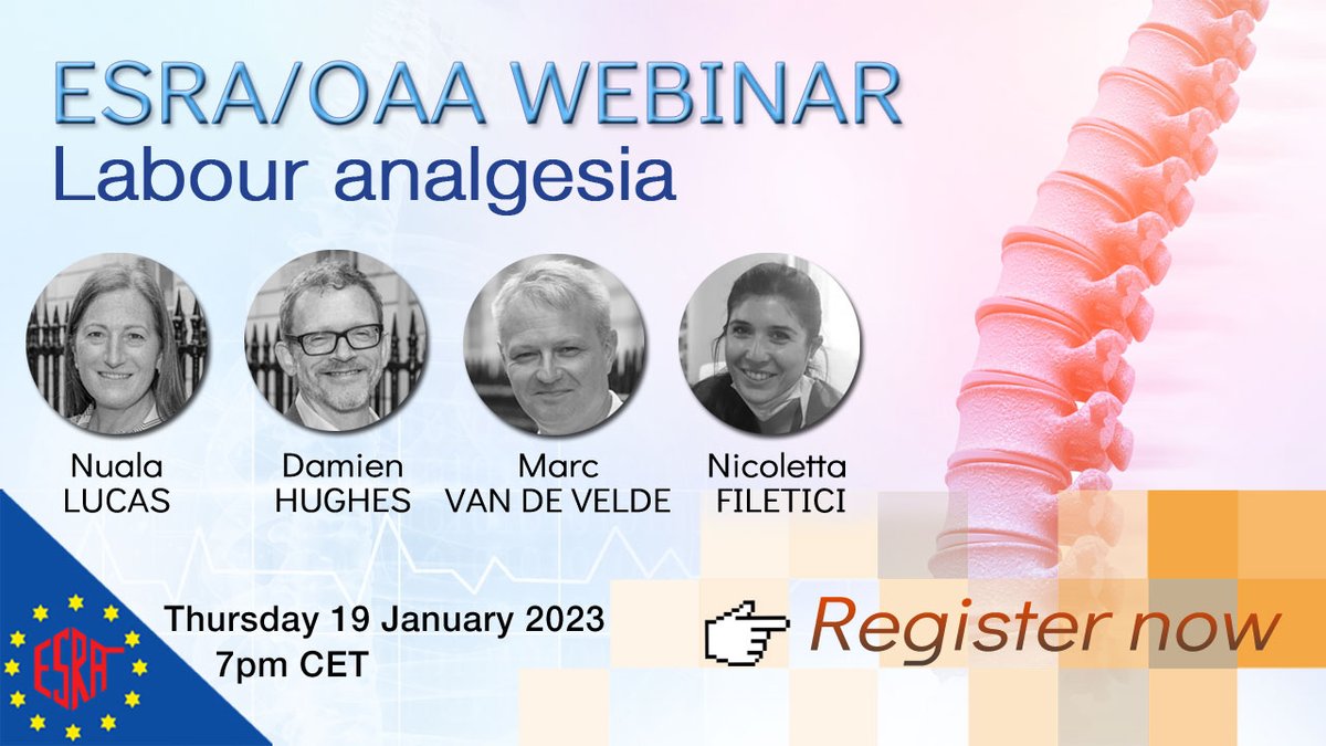 We are pleased to present our first local webinar in partnership with <a href="/OAAinfo/">OAA</a>:
[Labour analgesia]
🗓 Thu 19 Jan 7pm CET
👥 Chaired by <a href="/noolslucas/">Nuala Lucas</a>, with <a href="/damien_hug261/">Damien Hughes</a>, <a href="/MarcVandeVelde6/">Marc Van de Velde</a> &amp; @nicoeletta
👉 Free registration: us02web.zoom.us/webinar/regist…
E-see you there!