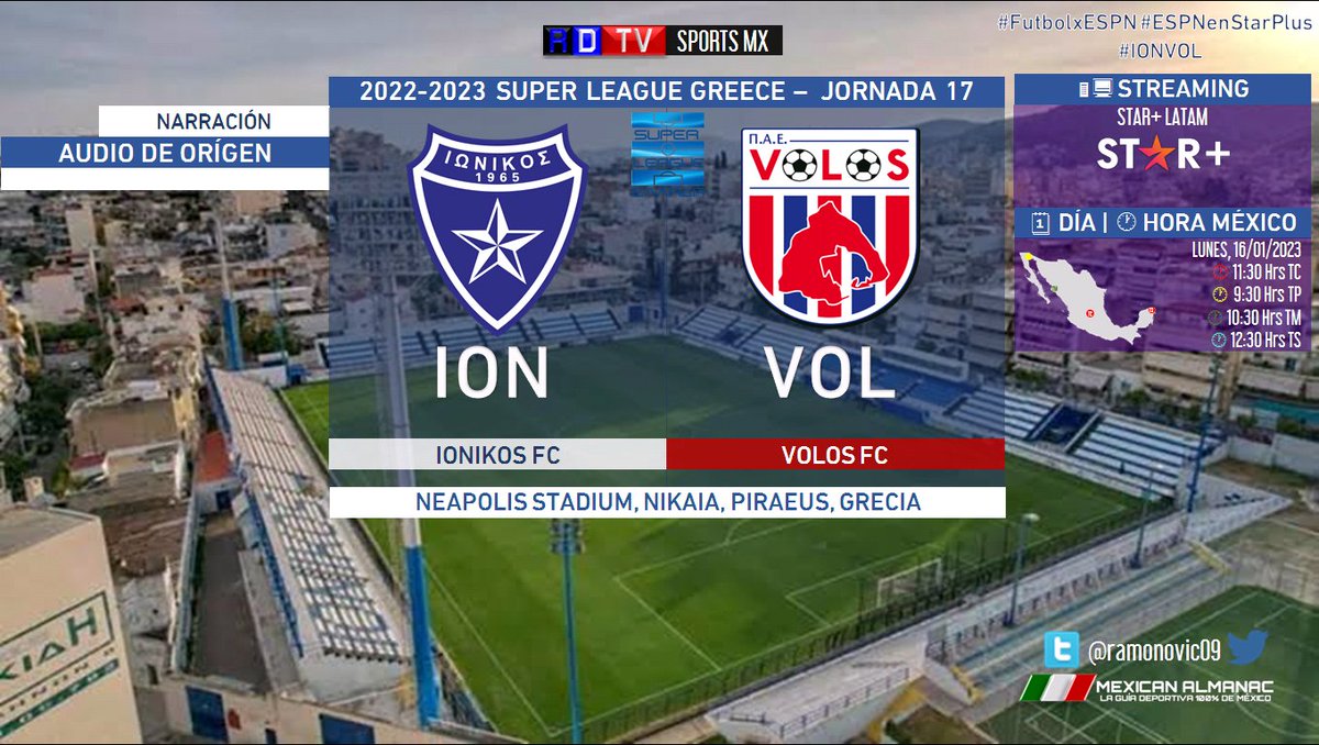 🇬🇷 #SuperLeagueGreece 2022-2023 #Jornada17 | @IonikosF 🆚 @fcvolos

🗓️ Hoy
🇲🇽 ⏰ 11:30 Hrs TC, 9:30 Hrs TP
🇨🇷🇸🇻🇭🇳🇬🇹🇳🇮 11:30 Hrs
🇨🇴🇵🇦🇵🇪🇪🇨 12:30 Hrs
🇧🇴🇩🇴🇻🇪 13:30 Hrs
🇦🇷🇨🇱🇵🇾🇺🇾 14:30 Hrs 
📱💻 @StarPlusLA
🎤 Audio de Orígen 

#ESPNenStarPlus #IONVOL