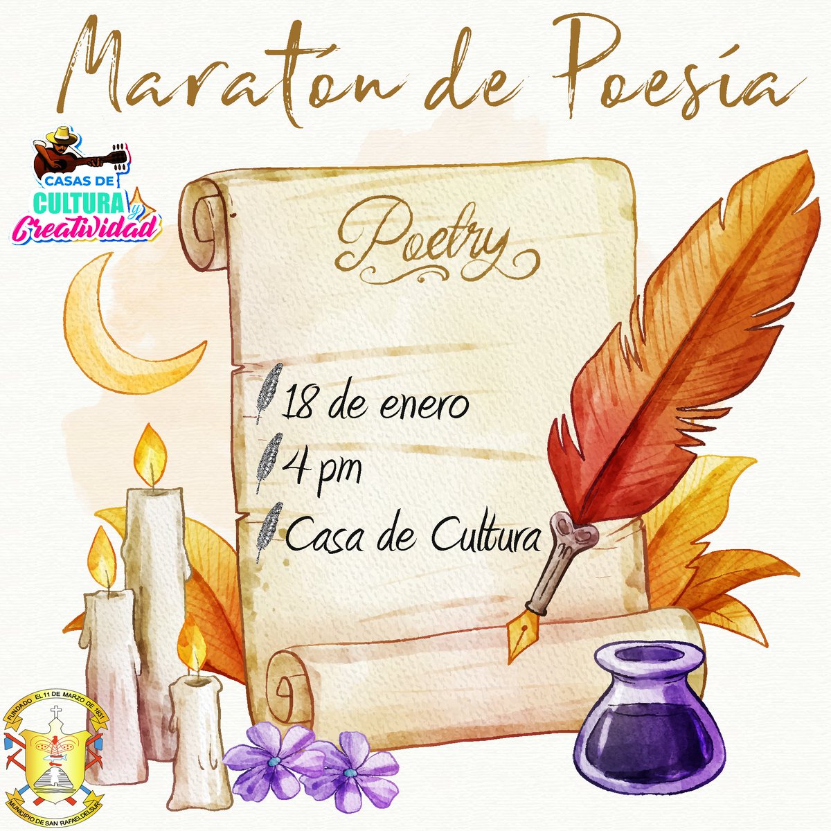 A todos los amantes de la Literatura se les invita al Maratón de Poesía a realizarse en celebración al 153 años del Nacimiento de Rubén Darío
🖋 Casa de Cultura y Creatividad
🖋 18 de Enero
🖋 4pm
#SanRafaelDelSur #MasVictoriasPuebloPresidente