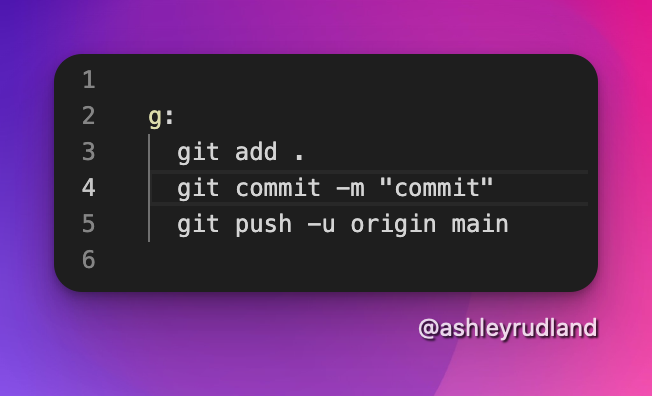 ashleyrudland's tweet photo. After 20 years coding I just realised, commit messages are pointless. 

Now I just run:

make g

Shout out to @levelsio for the motivation. Deploys to prod around 12 seconds later.

#buildinpublic https://t.co/MNuQQYt8hb