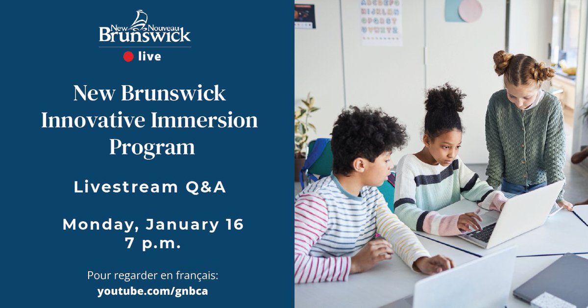 Gov_NB's tweet photo. Thank you for submitting your questions about French language learning! 

Join us tonight at 7 p.m. as Education and Early Childhood Development Minister Bill Hogan discusses the proposed NB Innovative Immersion program via livestream and answers some of your questions. 

(1/2) https://t.co/9GKdW8QwO2