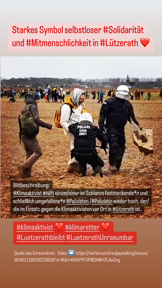 SchulteJuleka's tweet photo. @ppillaudvivien @zufallslaune Starkes Symbol selbstloser #Solidarität und #Mitmenschlichkeit in #Lützerath ❤️

#Klimaaktivist #hilft einem/einer im Schlamm feststeckende*n umgefallene*n #Polizisten /#Polizistin  hoch, der/die im Einsatz gegen die Klimaaktivisten ist. 
Quelle d. Bild ➡️ https://t.co/4DtAlwTTi9 https://t.co/Bh0KHXJAV7