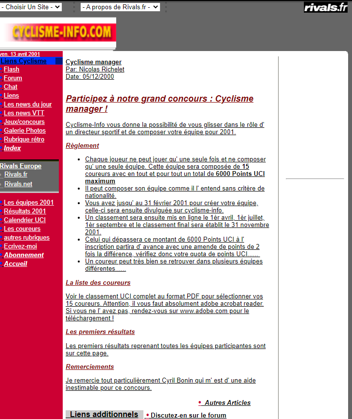 grdsaintnicolas's tweet image. @RivalsManager Pour vous rendre compte du chemin parcouru, voici le premier Rivals Manager qui date de 2001. On était avec cyclisme-info sous le portail Rivals Europe, aujourd&apos;hui disparu...Seul reste des dizaines de millions injecté par la start up américaine votre concours....