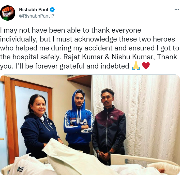 ANI's tweet photo. Indian cricketer Rishabh Pant who met with an accident on the Delhi-Dehradun highway near Roorkee, Uttarakhand on 30th December 2022, expresses gratitude towards two "heroes"- Rajat Kumar and Nishu Kumar- who helped him during his accident https://t.co/3gmX1Wb5uC