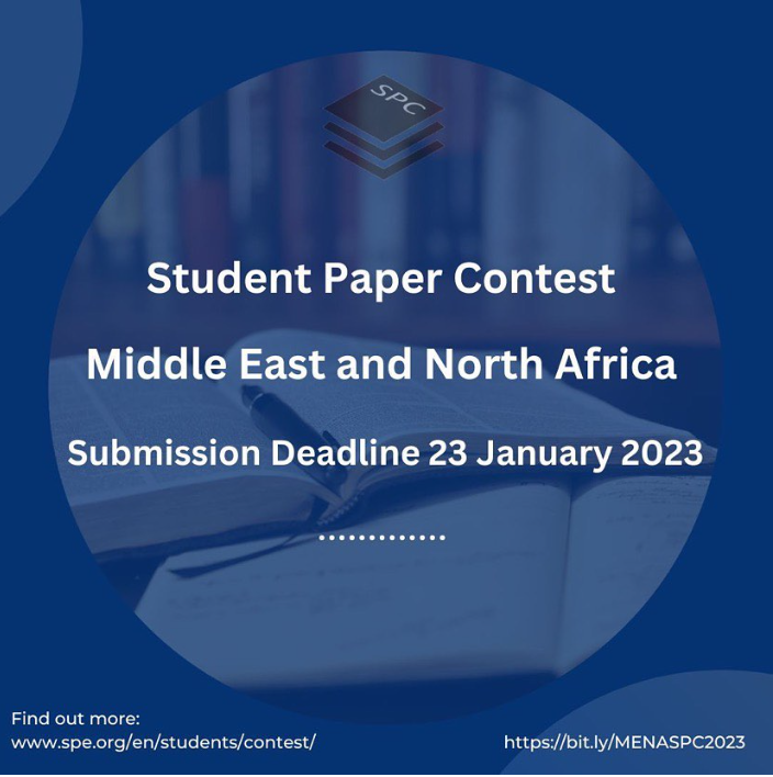 Don't miss the chance to apply for the Student Paper Contest MENA Region! bit.ly/MENASPC2023
Undergraduate, master's &amp; PhD levels are eligible to submit an article.
Winner articles will be published in OnePetro.
#SPE #student #article #contest #phd #masters #bachelors