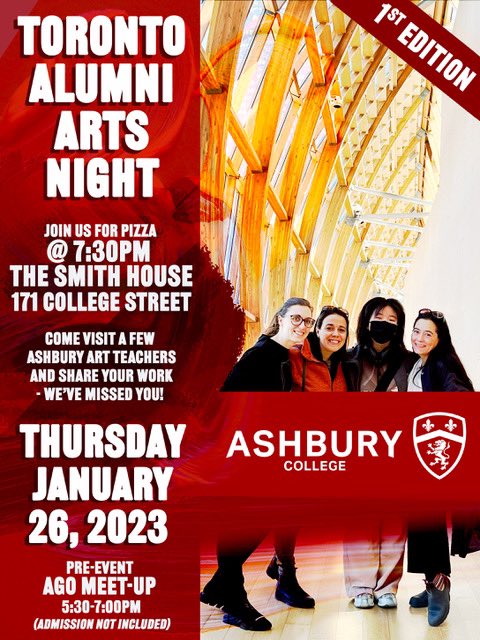 Alumni arts enthusiasts in Toronto, join @msdoleman @mcboyd896 and Ms. B. (me), for Alumni Arts Night on Thurs., Jan. 26! Meet at the AGO: 5:30 - 7:00 (admission not included), 7:30 at The Smith House for a pizza social. For more info, contact alumni@ashbury.ca @ashburycollege