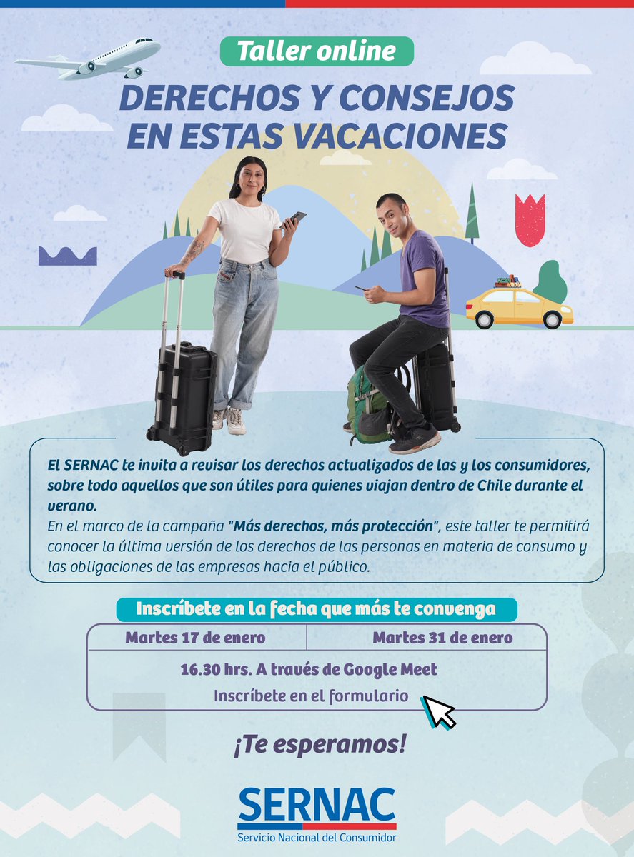 ¡En vacaciones, tus derechos te acompañan! Te invitamos al taller online de <a href="/Sernac/">SERNAC</a> donde abordarán los los derechos vinculados a la Ley Pro Consumidor. La cita es mañana 17 de enero a las 16:30. Inscríbete aquí bit.ly/3W81vfs