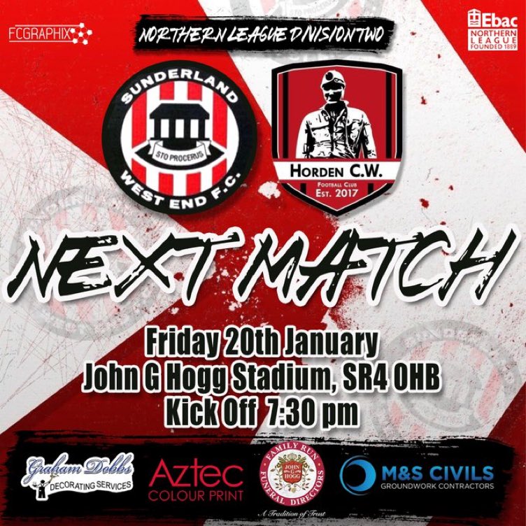 ### FRIDAY NIGHT ### We are back at The Hub on Friday night which our graphic designer is dubbing The @FC_Graphix Derby as they also look after our high flying opponents @HordenCWFC in our @theofficialnl div two encounter another cracking game ahead. #westisbest 🔴⚪️⚫️🔴⚪️⚫️