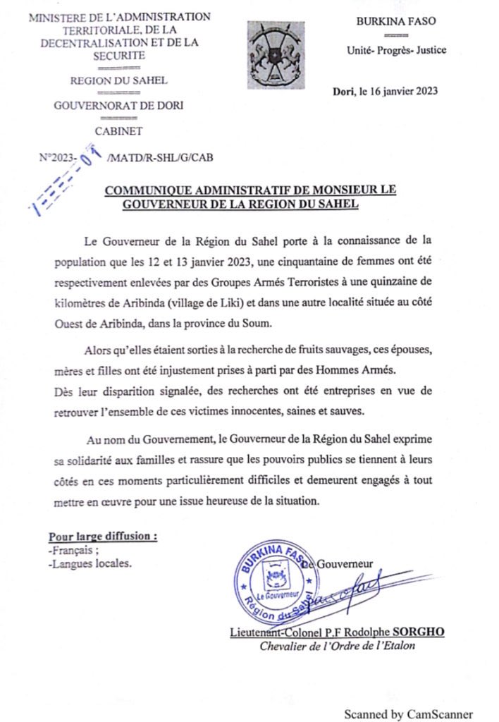 El govern de Burkina Faso ha confirmat el segrest d’una cinquantena de dones a Aribinda (regió de Soum) al nord del país, per part d’homes armats, la nit de 12 al 13 de gener. La recerca continua.