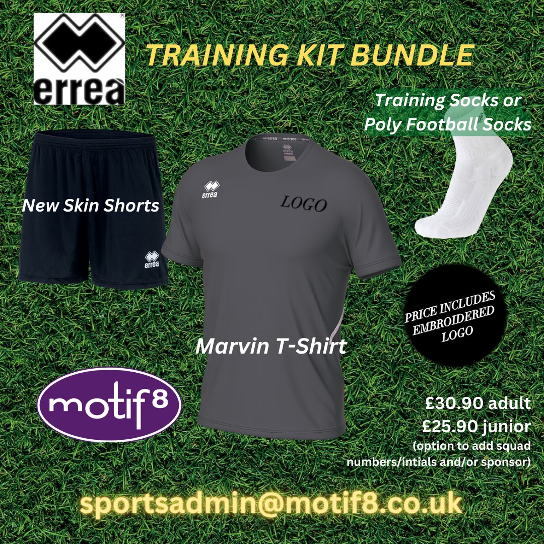 Does your team need new training kit!?

We have available these Errea Training bundles for a
limited time!

Each set is £30.90 per adult or £25.90 per child.

Contact our Sports team now to get yours!
sportsadmin@motif8.co.uk