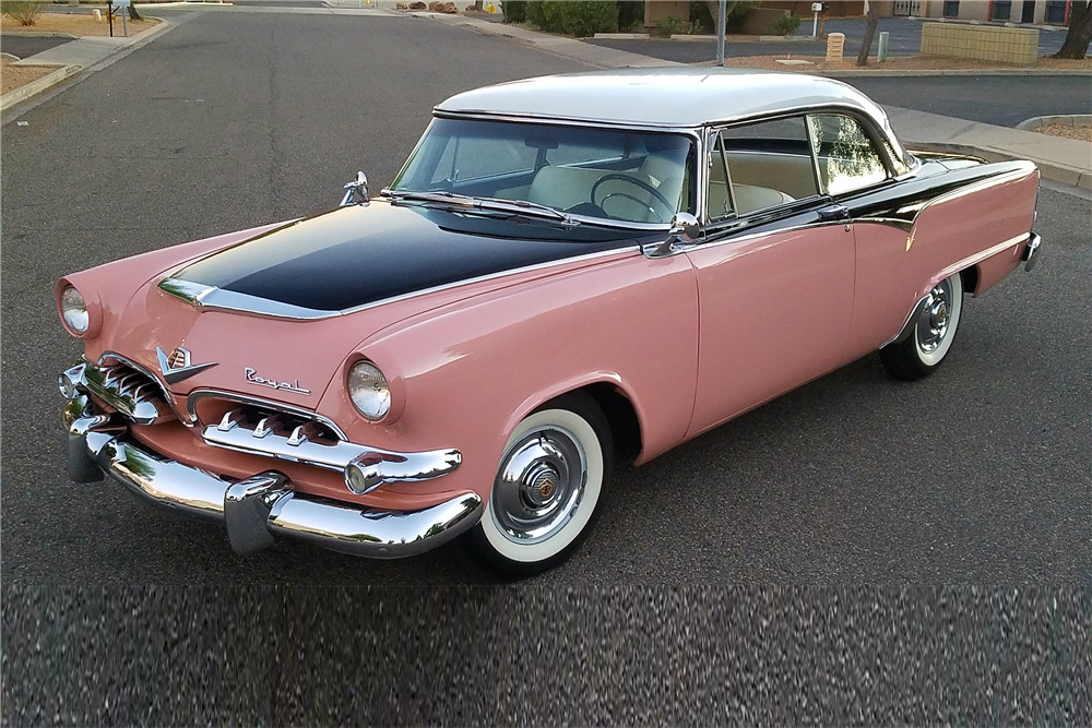 Mercomatic's tweet photo. 1955 #Dodge #Royal #Lancer 2-Dr HT; #RedRam 270 cid ohv V-8, 2 bbl, 175 hp; 2-speed #Powerflite. Named “Flair-Fashion”, all Dodge models were restyled to be longer, lower, and wider. This was the intermediate trim level. Abundant added chrome allowed for three-tone paint schemes https://t.co/iX2XnGJCd5