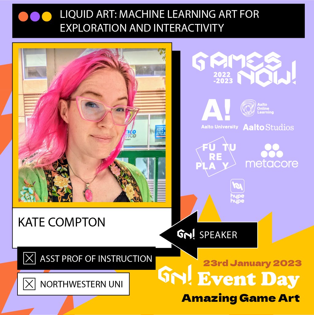 Join our next GN! Event Day "Amazing Game Art" on 23rd January 2023 with speakers exploring games as arthouse games or live art &amp; new wave of AI tools for visual arts and narrative design! <a href="/ST0RN0/">Thorsten S. Wiedemann</a> <a href="/alphachar/">Char</a> <a href="/HaroldHejazi/">Harold Hejazi</a> <a href="/GalaxyKate/">Dr Kate Compton</a>  gamesnow.aalto.fi/event-day-2/ #gamesnowaaltofi