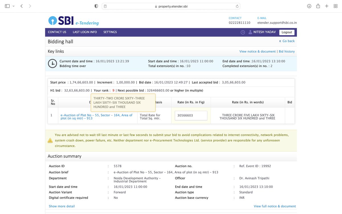 jv_earth's tweet photo. @CeoNoida @noida_authority @CMOfficeUP 
913sqmtr plot sold in e-auction of amount thirty two crore(32cr.), bidder blocked bidding 2min before bid end time. Is he a genuine buyer or spoiler. My last bid amount of 3.28cr didn't accept due to this highest bid. https://t.co/2WNEtfrM6d