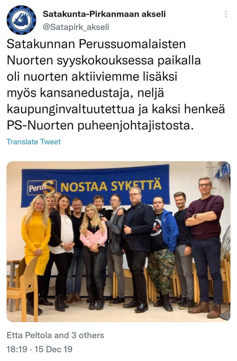 kasvismafioso's tweet photo. @EerolaSami @MRakkol Ai niin, #UudenmaanAkseli nappasi #psnuoret-tilin Twitterissä omaan käyttöön, kun nuorisojärjestö ajettiin alas. Näköjään Satakunnan paikallisosasto tehnyt samoin.
Siellä on jopa kansanedustaja #PetriHuru mukana.
Facebookissa edelleen vanha nimi
#perussuomalaiset #rasismi #RAC https://t.co/VFnhb5TcJ0