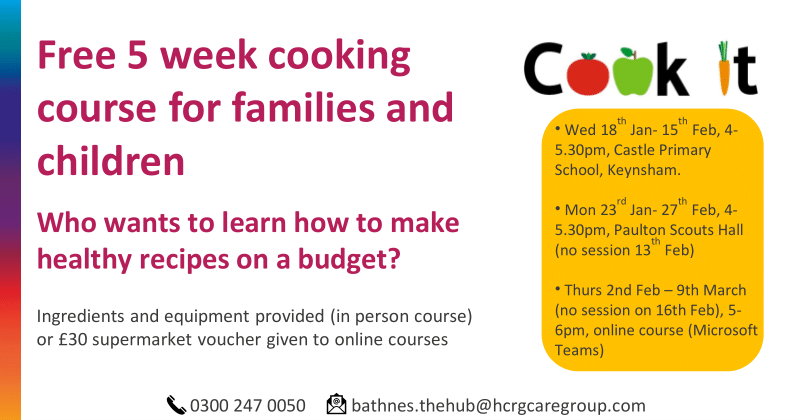 vc_wellbeing's tweet photo. FREE Cook It! courses for young families. Cook-a-long once a week for 5 weeks, take your free food to eat at home, learn how to make healthy low cost recipes &amp; get your kids involved in cooking! Contact Community Wellbeing Hub 0300 247 0050 BATHNES.thehub@hcrgcaregroup.com https://t.co/bJQAFmlnwA