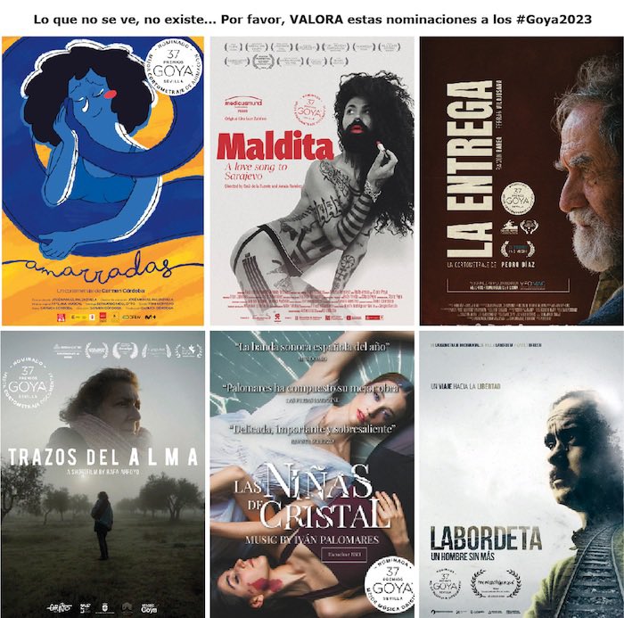 🙈🙉Lo que no se VE, no existe ...  ¿Has visto ya estos 4 #cortos, el #documental y has escuchado la #BSO que optan a los #goya2023 <a href="/PremiosGoya/">Premios Goya</a> de la <a href="/Academiadecine/">Academia de Cine</a>? 

⭕️ VALORA y VOTA antes de este viernes 20 hasta las 14h. No te olvides! 

#Promoción #visibilidad #CineEspañol