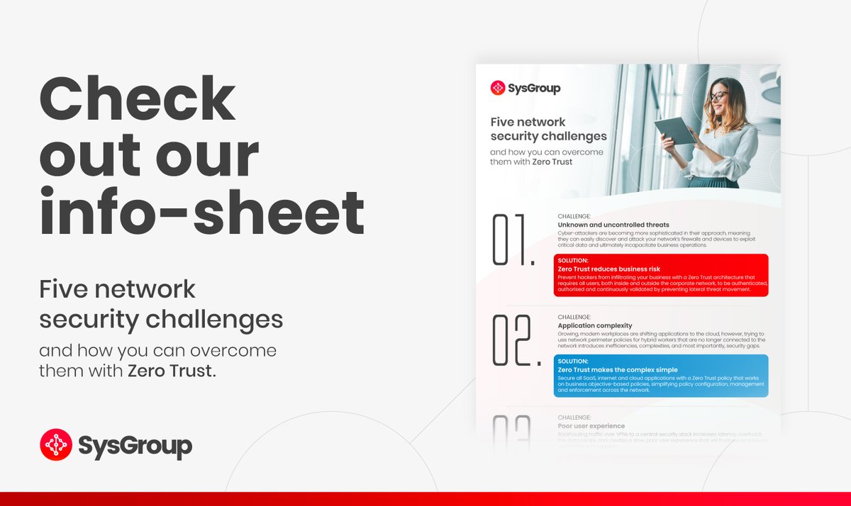 SysGroupPLC's tweet photo. How protected is your business network?

Take a look at our latest info-sheet to discover the top 5 network security challenges for your business, and see how you can overcome them with Zero Trust and @SysGroupPLC.

Free info-sheet: https://t.co/EfyghQAKuh

#sysgroup #security https://t.co/aSrVlzYXvd