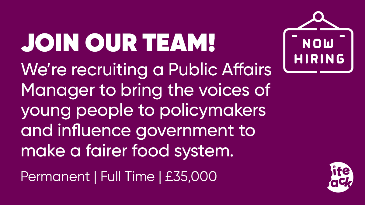 🚨Closes 18 Jan🚨

We're looking for a Public Affairs Manager who believes every young person deserves access to healthy food — no matter where they live.

If you want to help share our stories with decision makers, apply here: charityjob.co.uk/jobs/bite-back… #CharityJob #ShowTheSalary