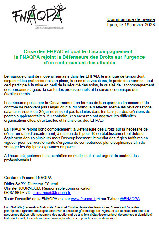 FNAQPA's tweet photo. Communiqué de Presse 📢

Crise des #EHPAD et qualité d'accompagnement : la @FNAQPA rejoint la @Defenseurdroits sur l'urgence d'un renforcement des effectifs 

A lire ici : https://t.co/lWgHN7zi4p

@JCCOMBE @Solidarite_gouv https://t.co/zJuI2JQDto