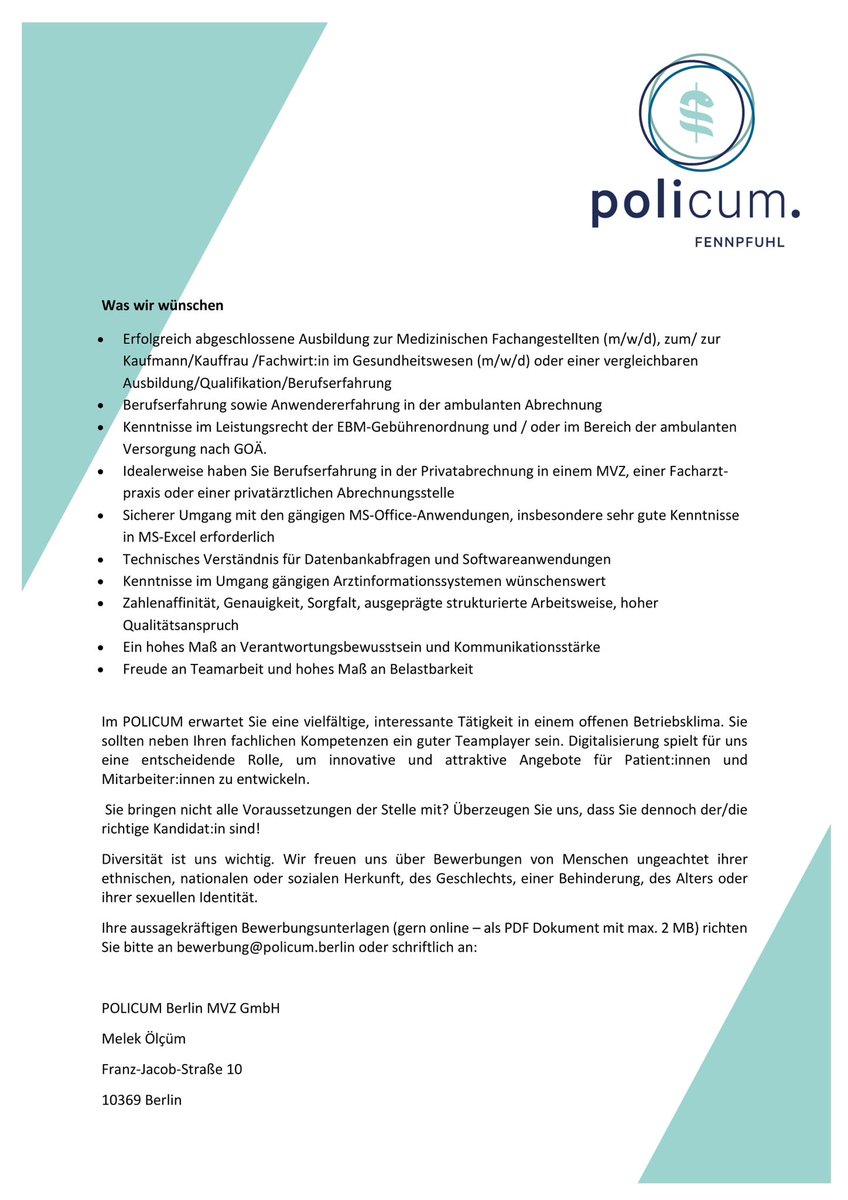 Auf der Suche nach Verantwortung und einer neuen Herausforderung? Wir freuen uns auf deine Verstärkung, als neues Mitglied in unserem Abrechnungsteam! 
#karriere #Policum #Abrechnung #gesundheit #medizin #Jobs #Kompetenzteam #Sanecum #Team #Personal #Manegementteam #Berlin