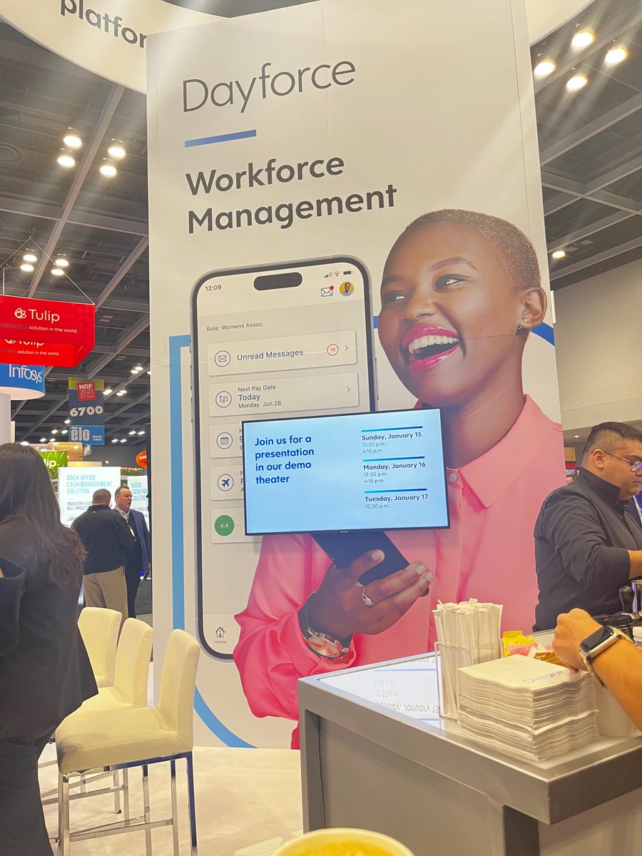 Ceridian's tweet photo. At #NRF2023? Stop by the Ceridian booth (#6615) and discover how Dayforce can help you improve your bottom line and manage your workforce more effectively. https://t.co/fLMzbdBM3w